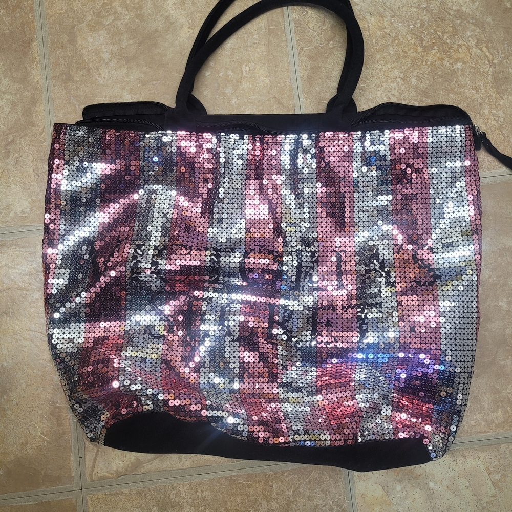 Victorias Secret Sequin Tote Bag - Black and Pink